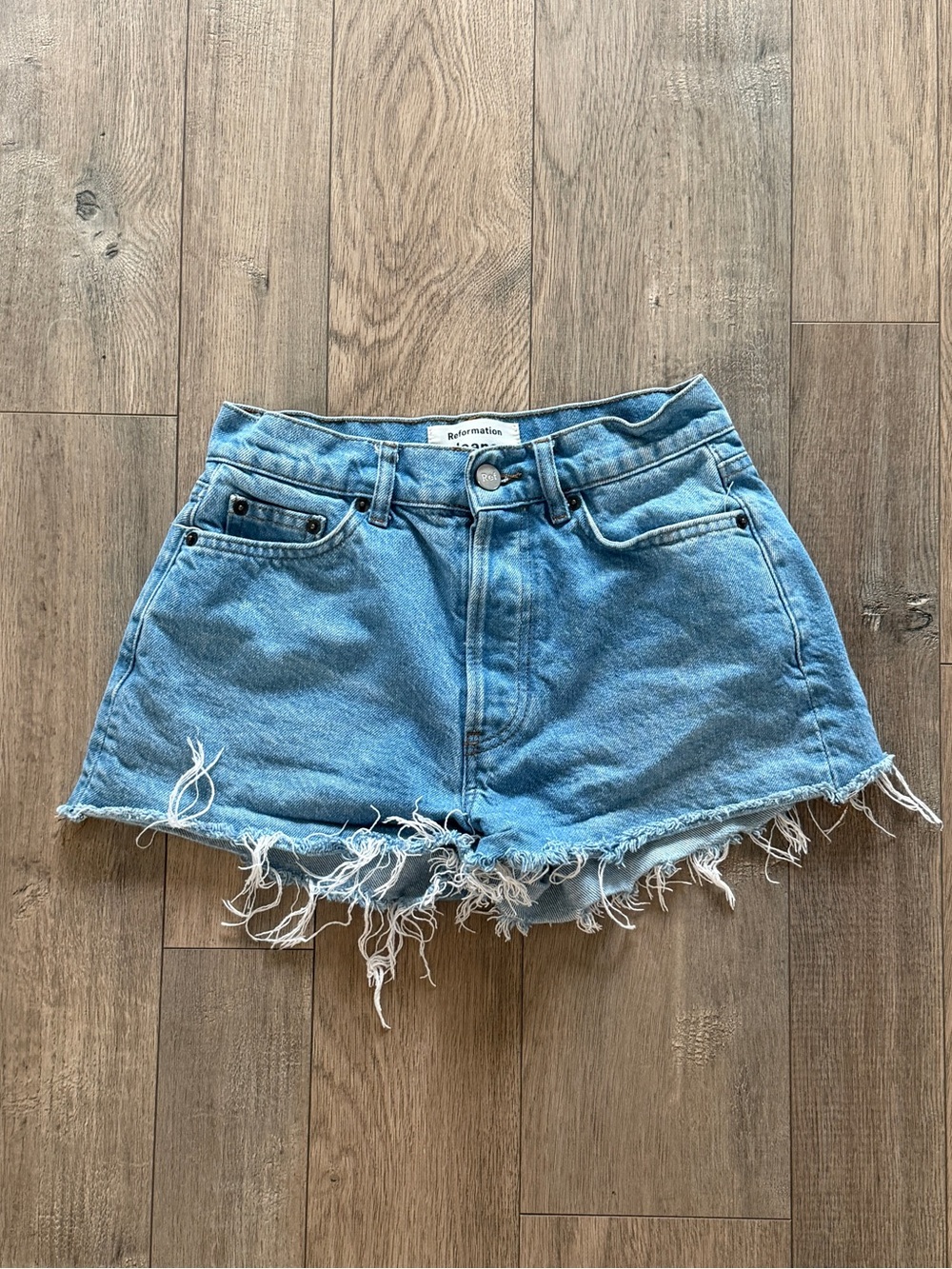 Reformation Light Blue Distressed Denim Button Fly Cutoff Shorts